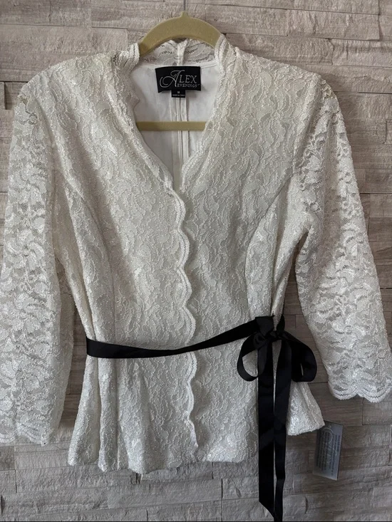 Alex Evenings Cream Lace Peplum Blouse with Black Ribbon - Picture 7 of 11